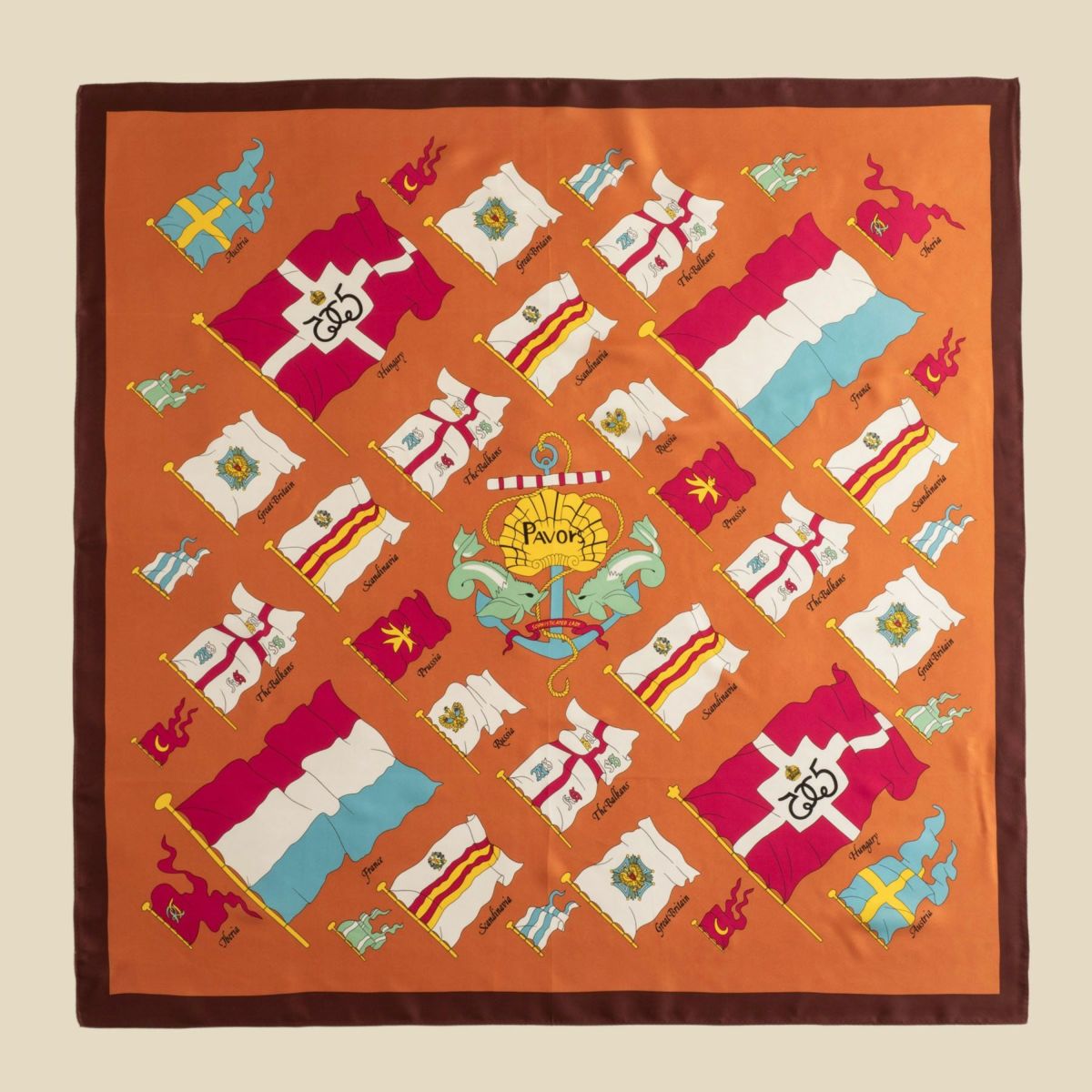 旗柄スカーフ＜ブラウン＞　シルク100%　日本製