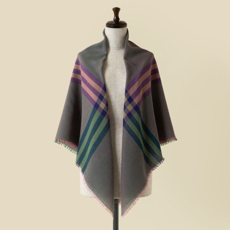 カシミヤブレンドスクエア大判チェックストール 日本製＜モスグリーン＞