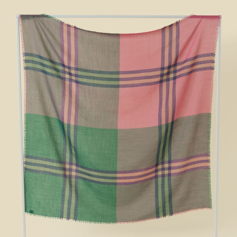 カシミヤブレンドスクエア大判チェックストール 日本製＜モスグリーン＞