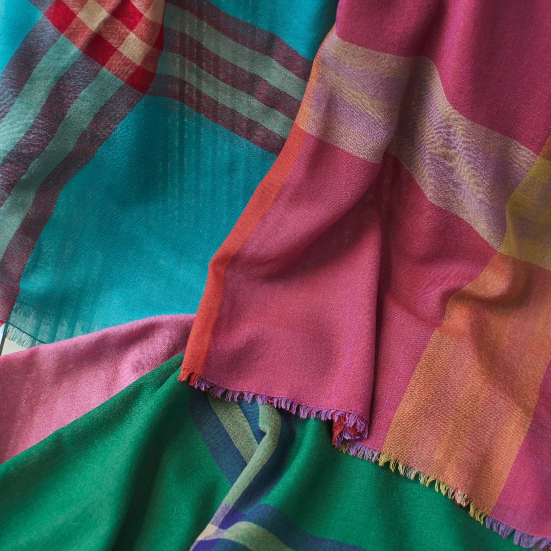 カシミヤブレンドスクエア大判チェックストール 日本製