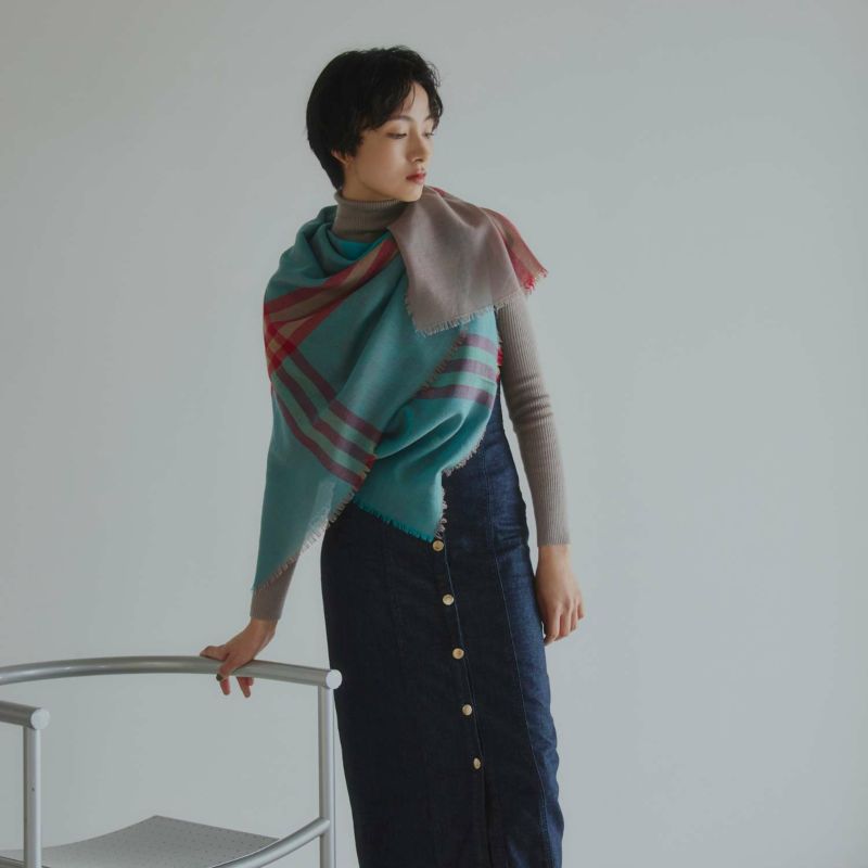  カシミヤブレンドスクエア大判チェックストール 日本製＜モカ＞