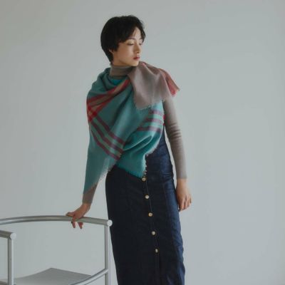  カシミヤブレンドスクエア大判チェックストール 日本製＜モカ＞