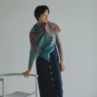  カシミヤブレンドスクエア大判チェックストール 日本製＜モカ＞