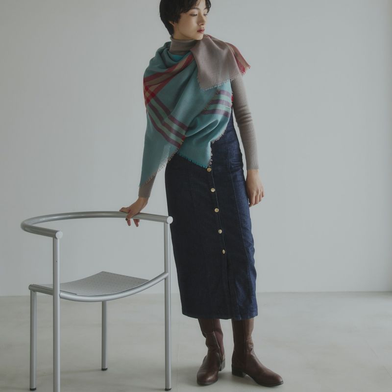 カシミヤブレンドスクエア大判チェックストール 日本製＜モカ