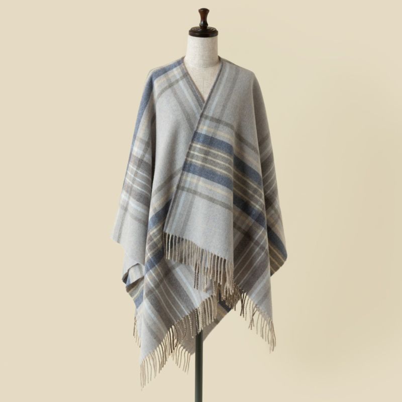  イタリア製ウール100％ 杢チェックケープ＜ブルー＞