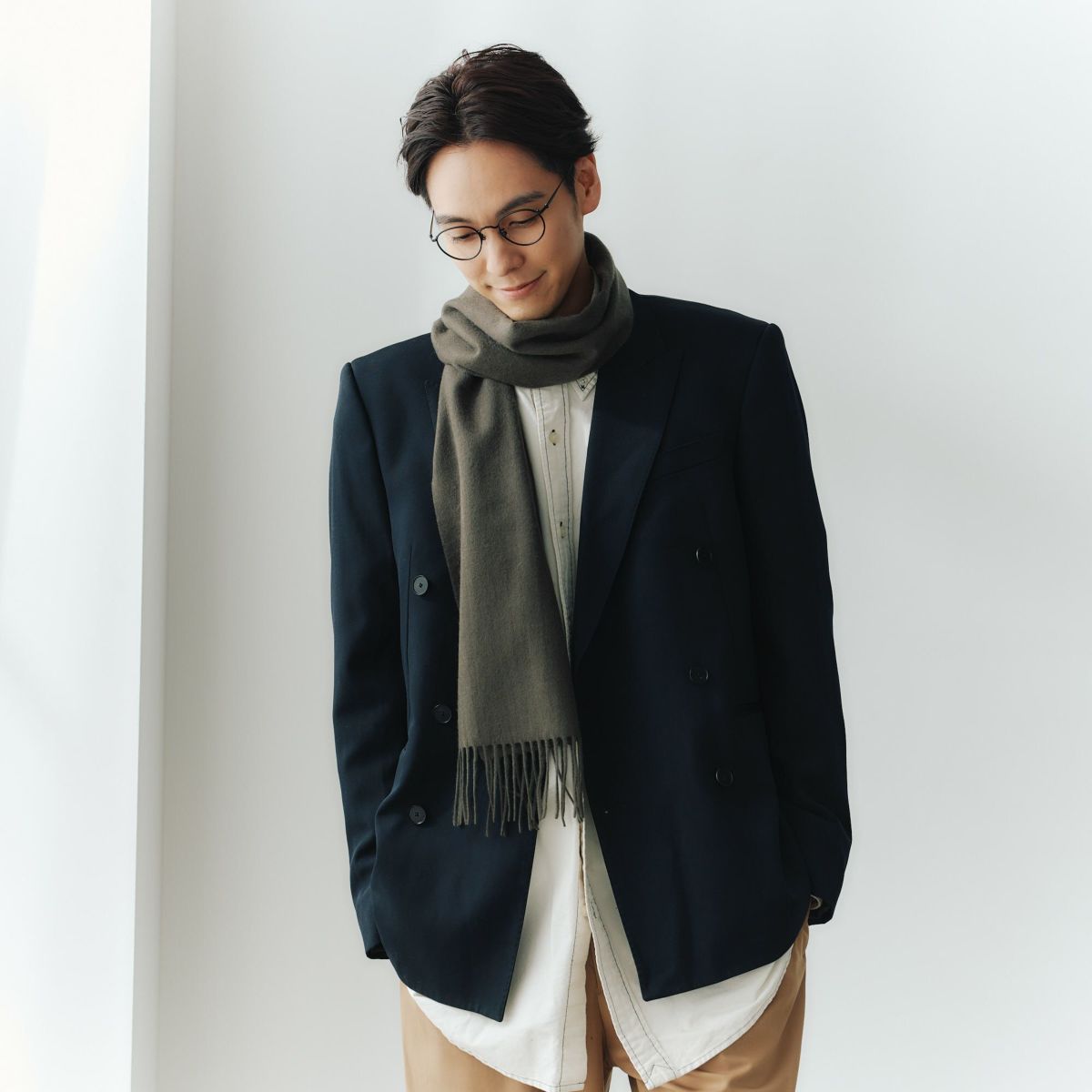 【長寿祝いギフトセット】カシミヤ100%無地マフラー＜グレイカーキ＞