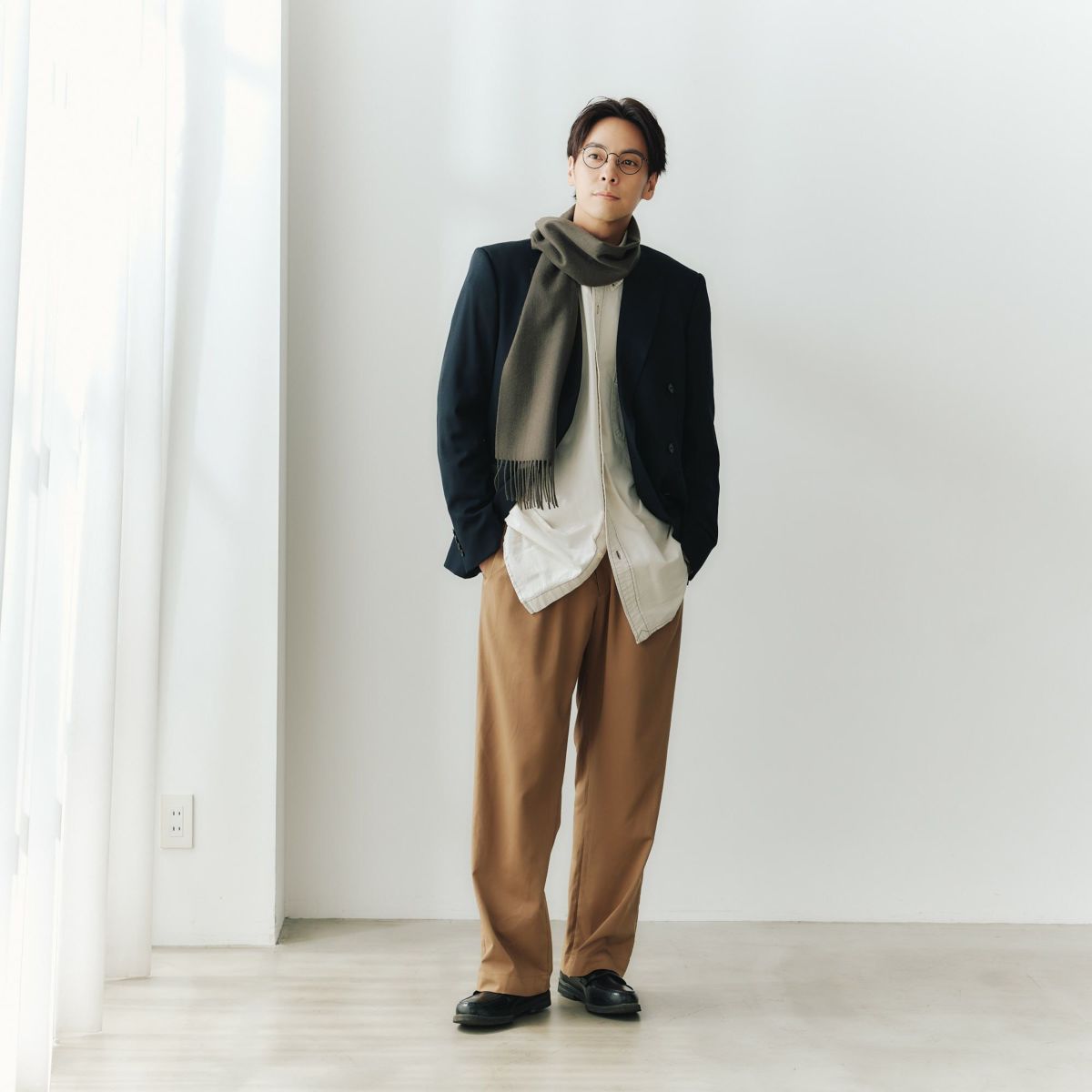 【長寿祝いギフトセット】カシミヤ100%無地マフラー＜グレイカーキ＞