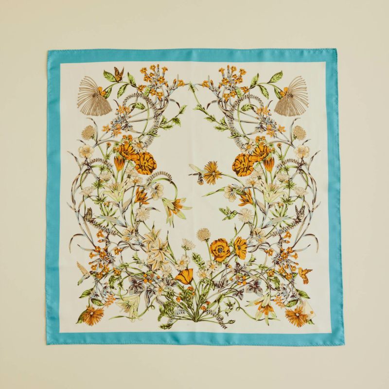 ボタニカルスカーフ＜ターコイズ＞　シルク100%　日本製