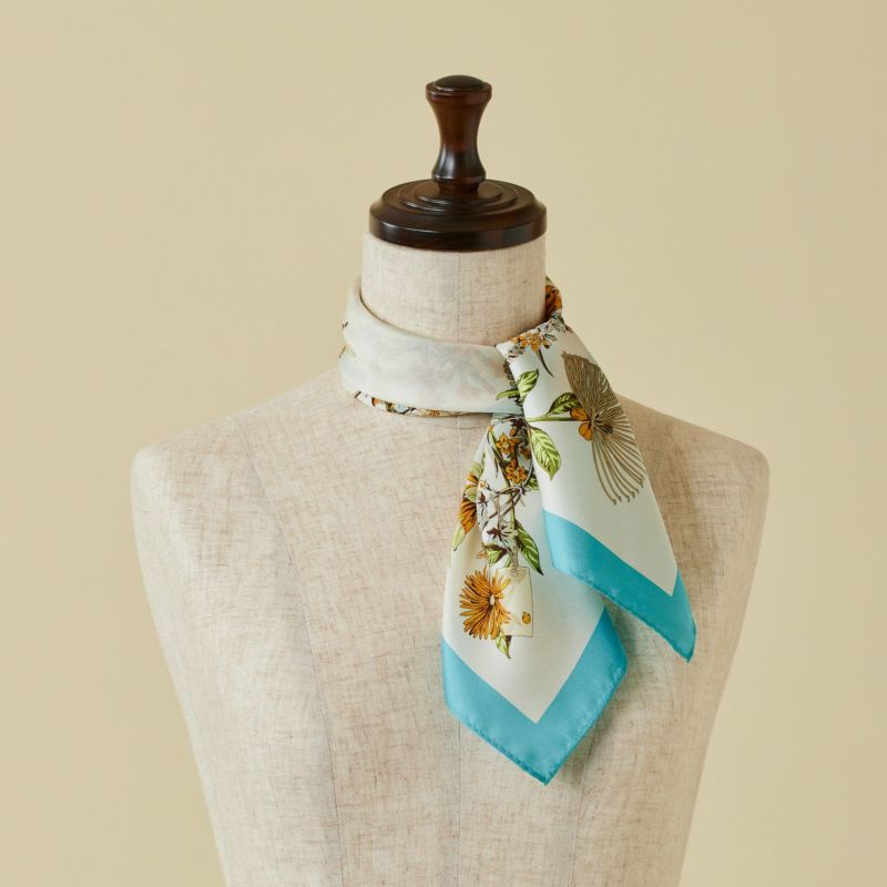 ボタニカルスカーフ＜ターコイズ＞　シルク100%　日本製