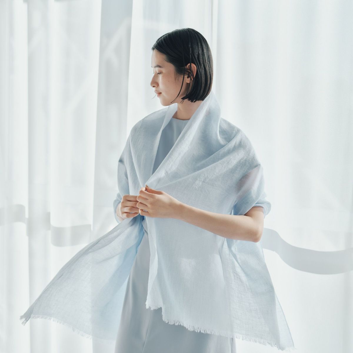 カシミヤリネンストール＜ブルー＞