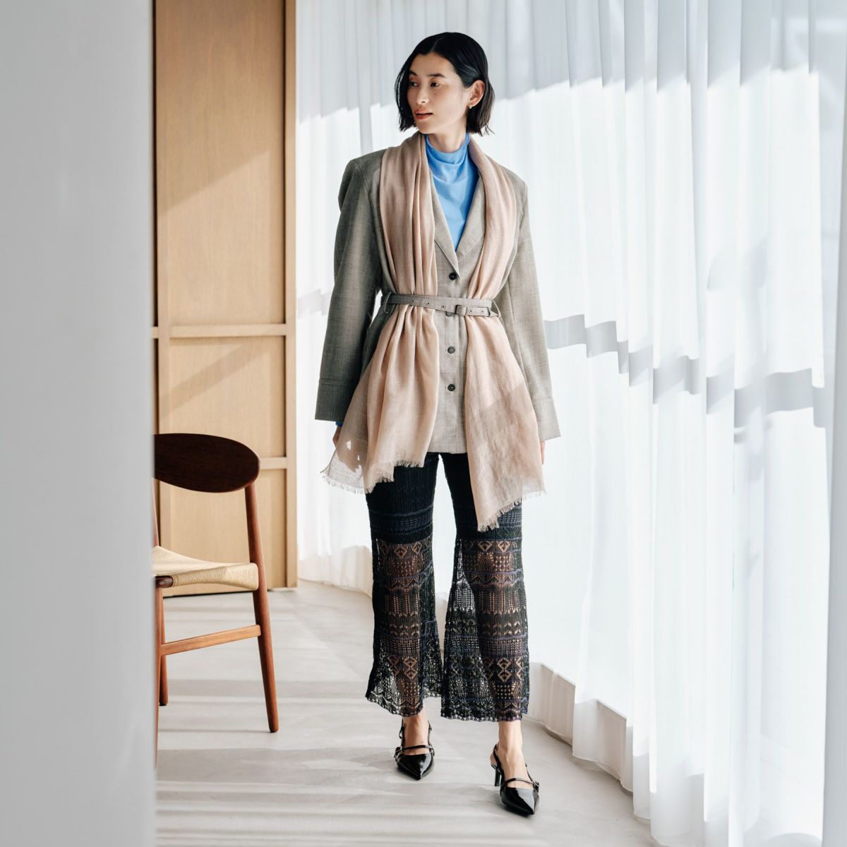 カシミヤリネンストール＜モカ＞