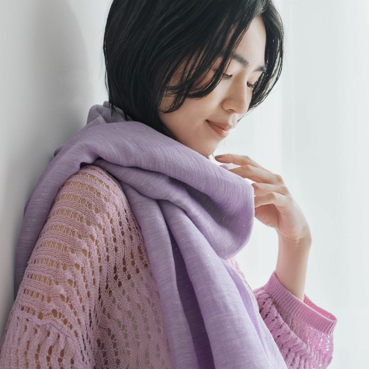 【長寿祝いセット】大判リネンコットンストール＜パープル＞ イタリア製