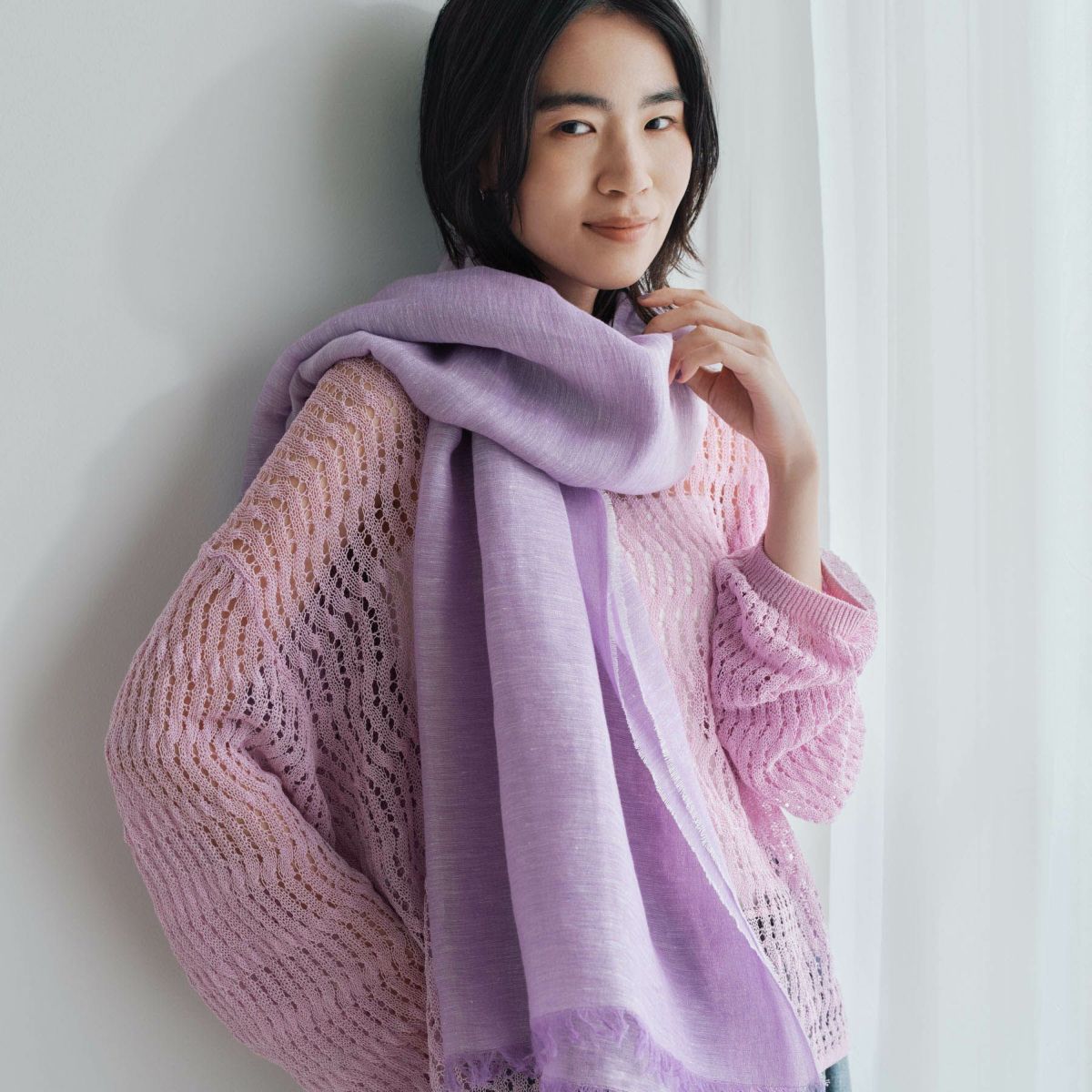 【長寿祝いセット】大判リネンコットンストール＜パープル＞ イタリア製