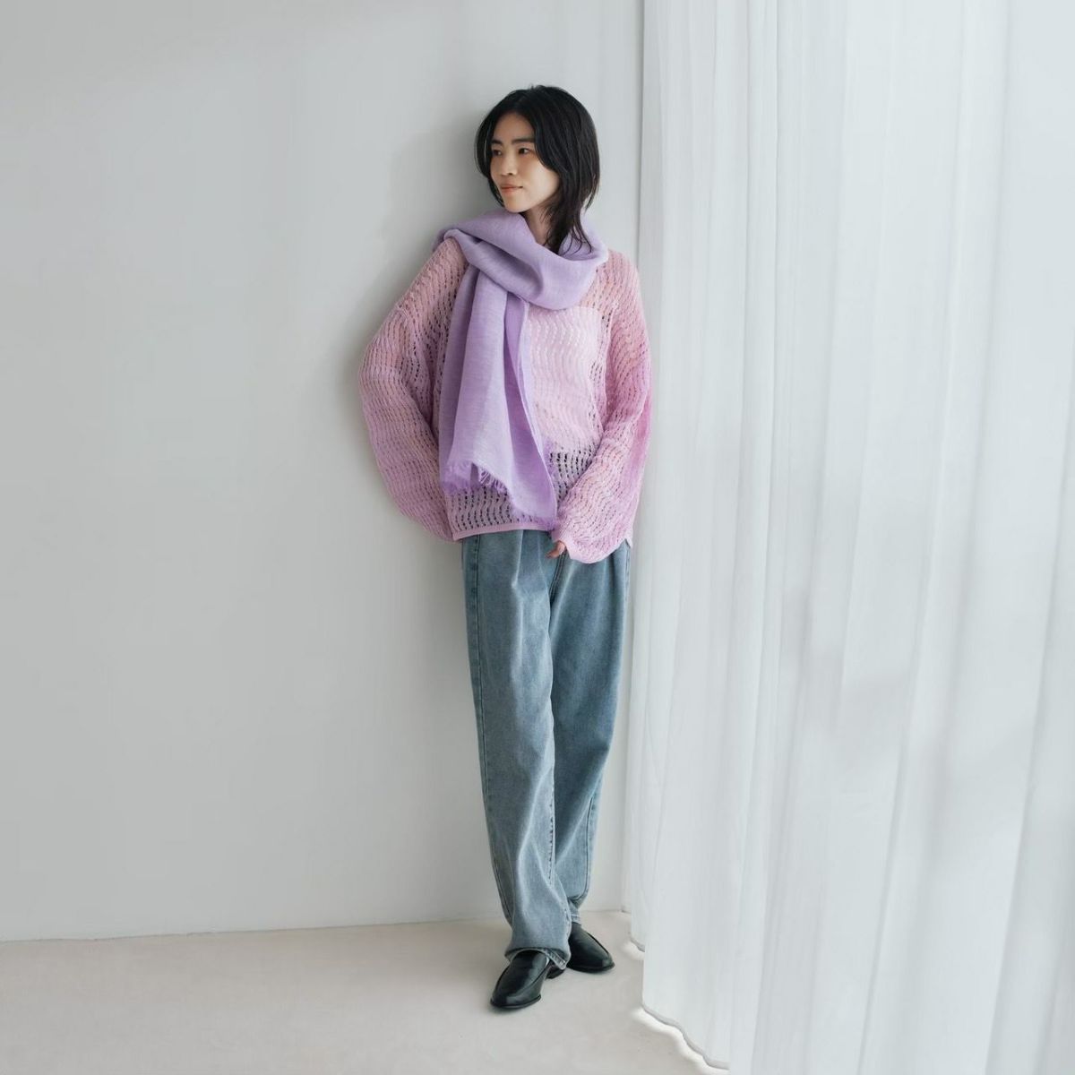 【長寿祝いセット】大判リネンコットンストール＜パープル＞ イタリア製