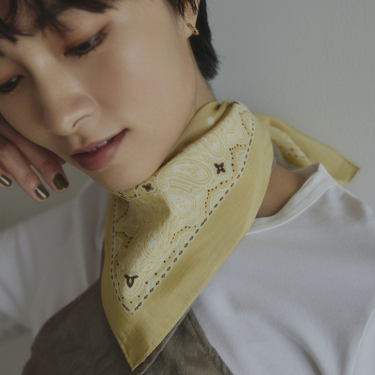 シルク綿ペイズリーウォッシャブルスカーフ＜イエロー＞　日本製