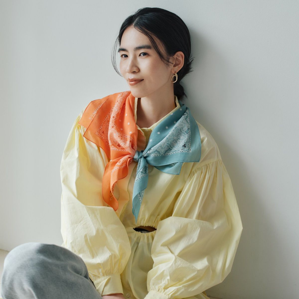 シルク綿ペイズリーウォッシャブルスカーフ＜オレンジ＞　日本製