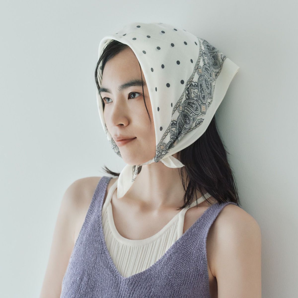 シルク綿ペイズリーウォッシャブルスカーフ＜アイボリー＞　日本製