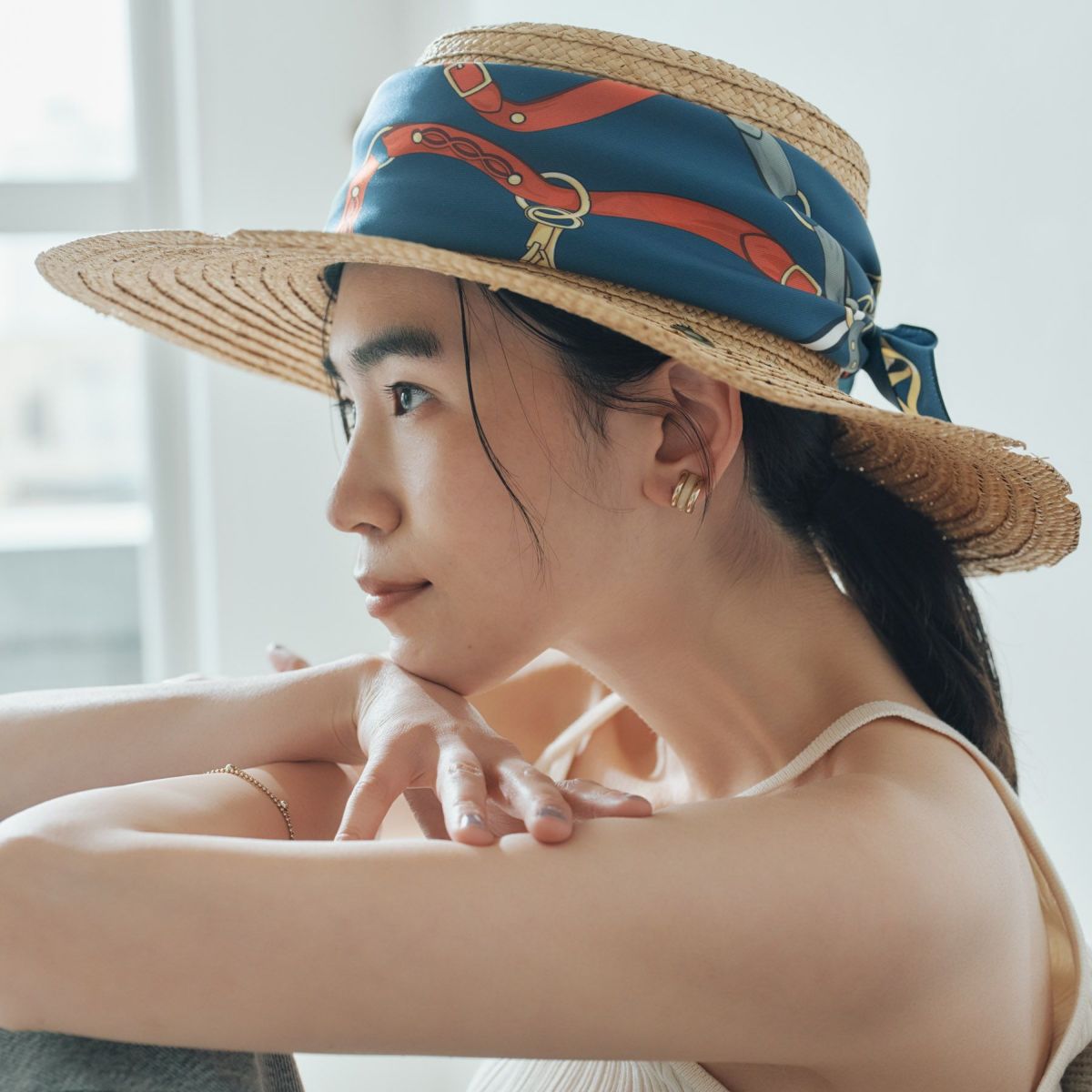 ベルト柄ウォッシャブルスカーフ＜ネイビー＞　イタリア製