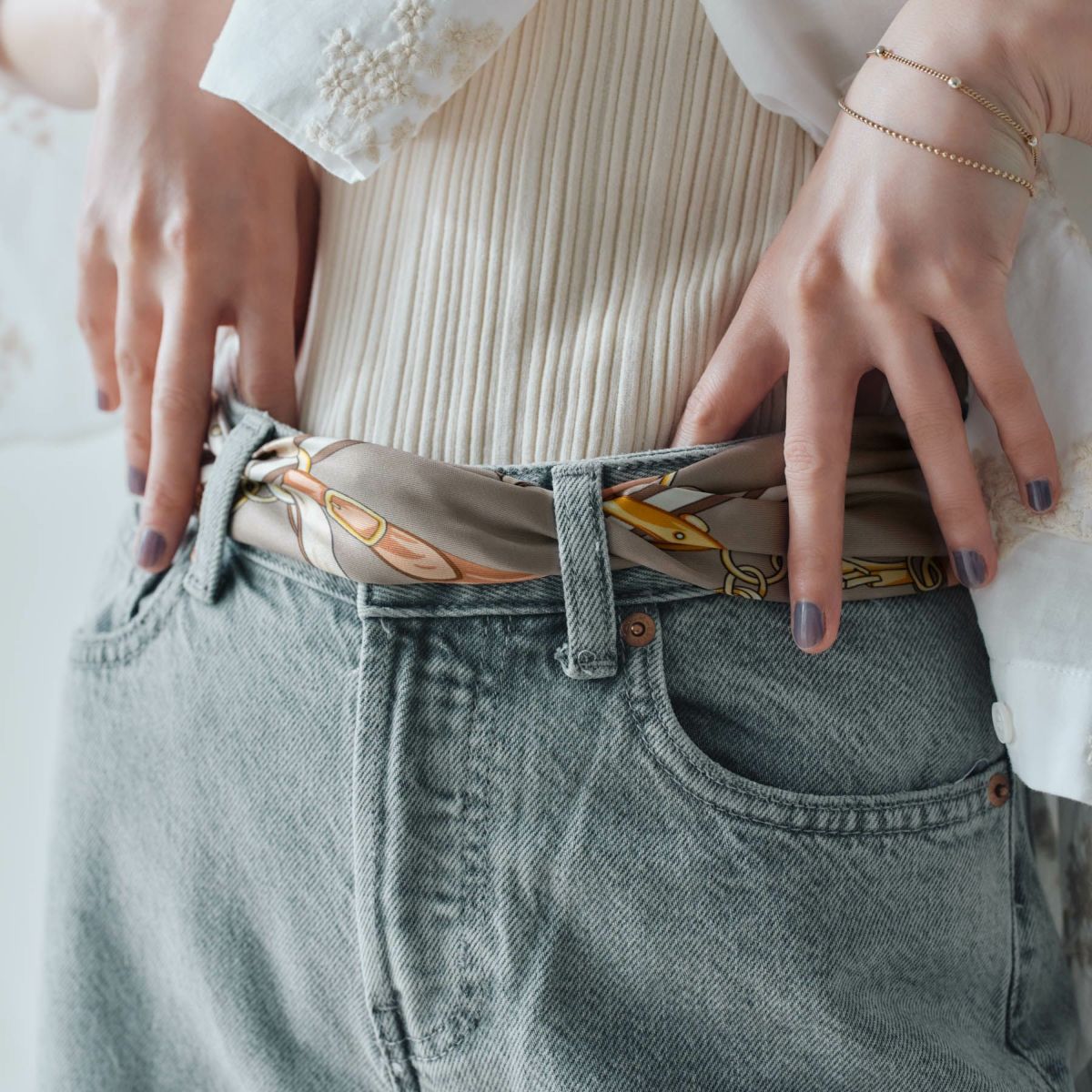 ベルト柄ウォッシャブルスカーフ＜ベージュ＞　イタリア製