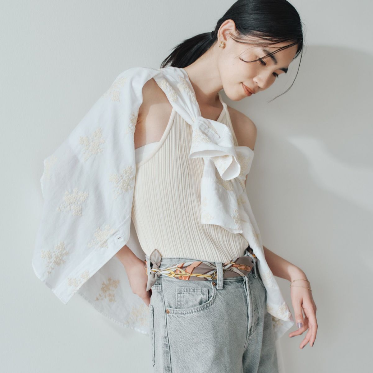 ベルト柄ウォッシャブルスカーフ＜ベージュ＞　イタリア製