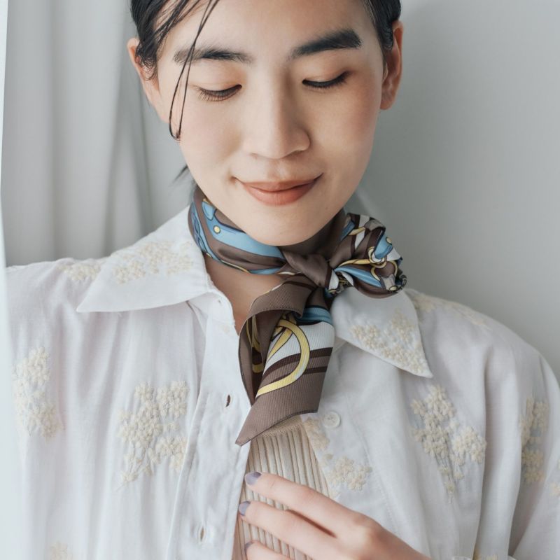 45R☆フラワープリントのシルクのこんぶ＊ロングスカーフ/ブラウン