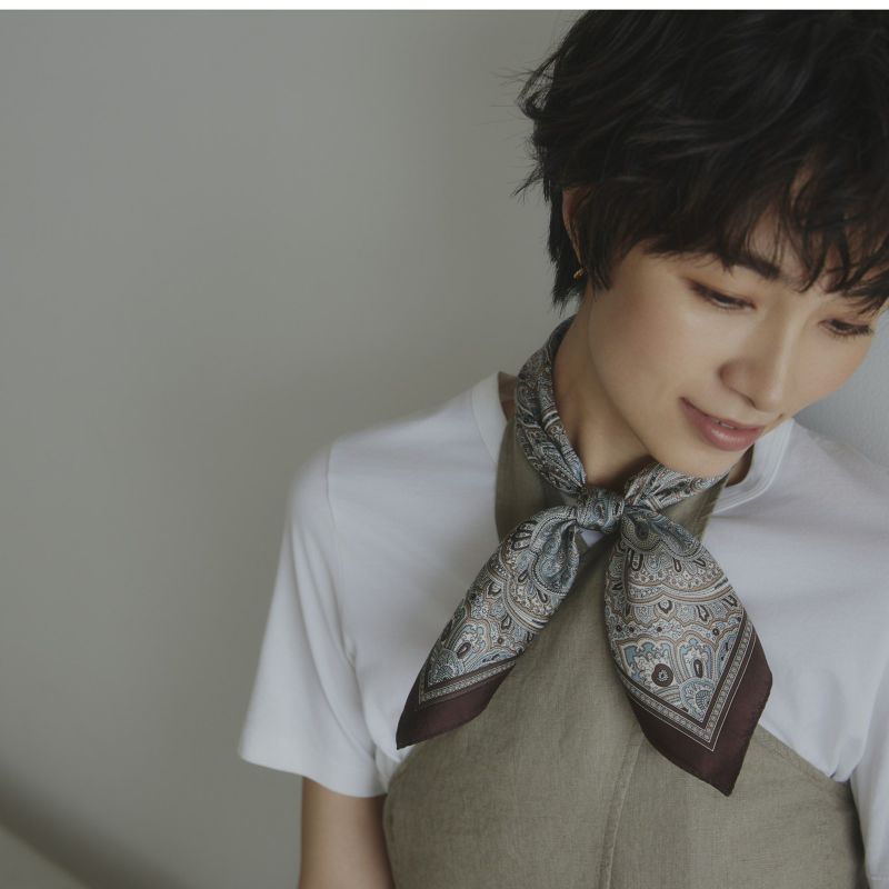  ペイズリースカーフ＜ブラウン＞　シルク100%　日本製