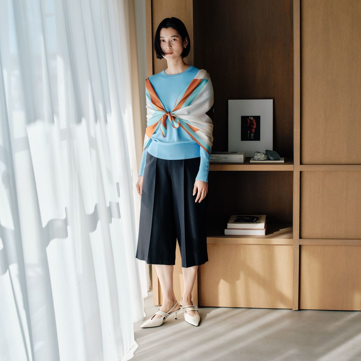 幾何柄スカーフ＜オレンジ＞　シルク100%　日本製