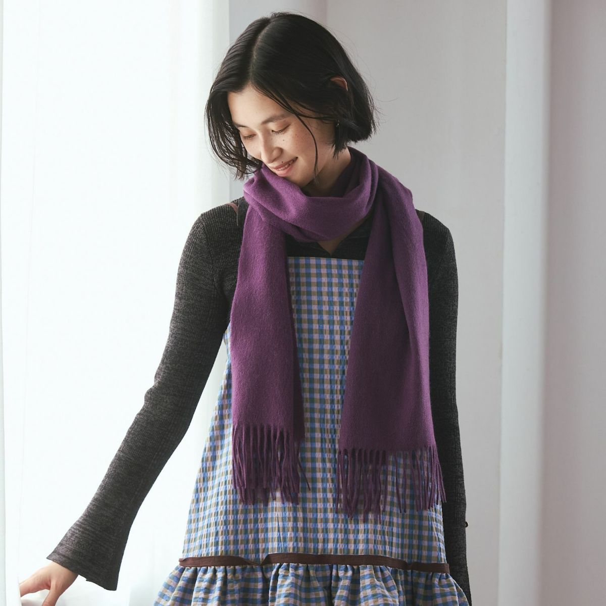 カシミヤ100%無地マフラー＜パープル＞