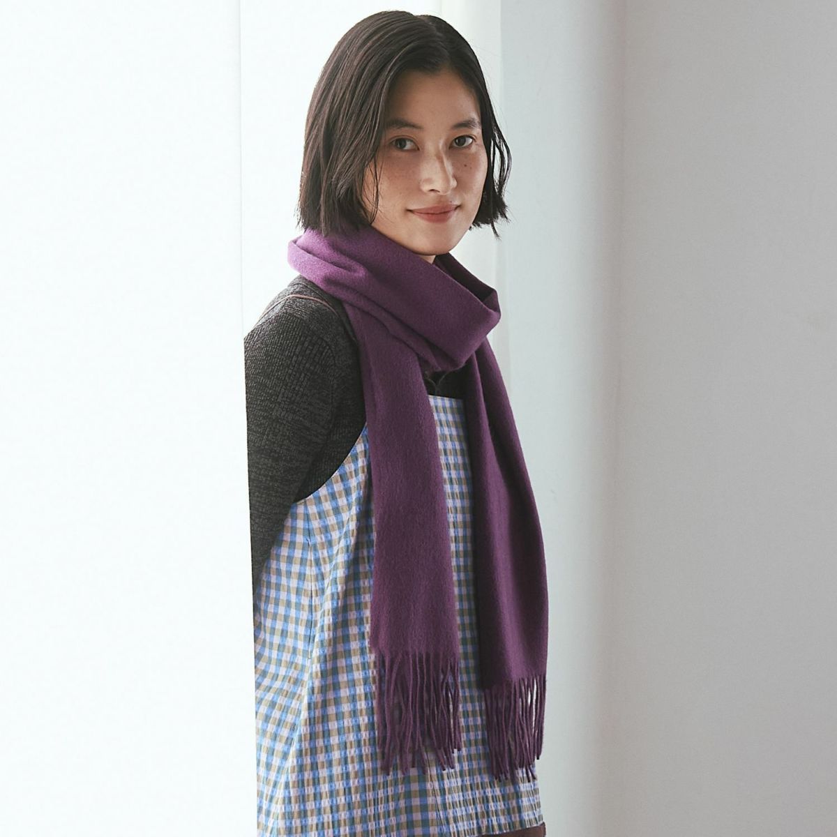 カシミヤ100%無地マフラー＜パープル＞